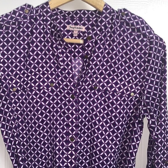 Juicy Couture Purple Geometric Roll Tap 1/2 Button V-Neck Shift Dress Size 2 - Picture 3 of 9